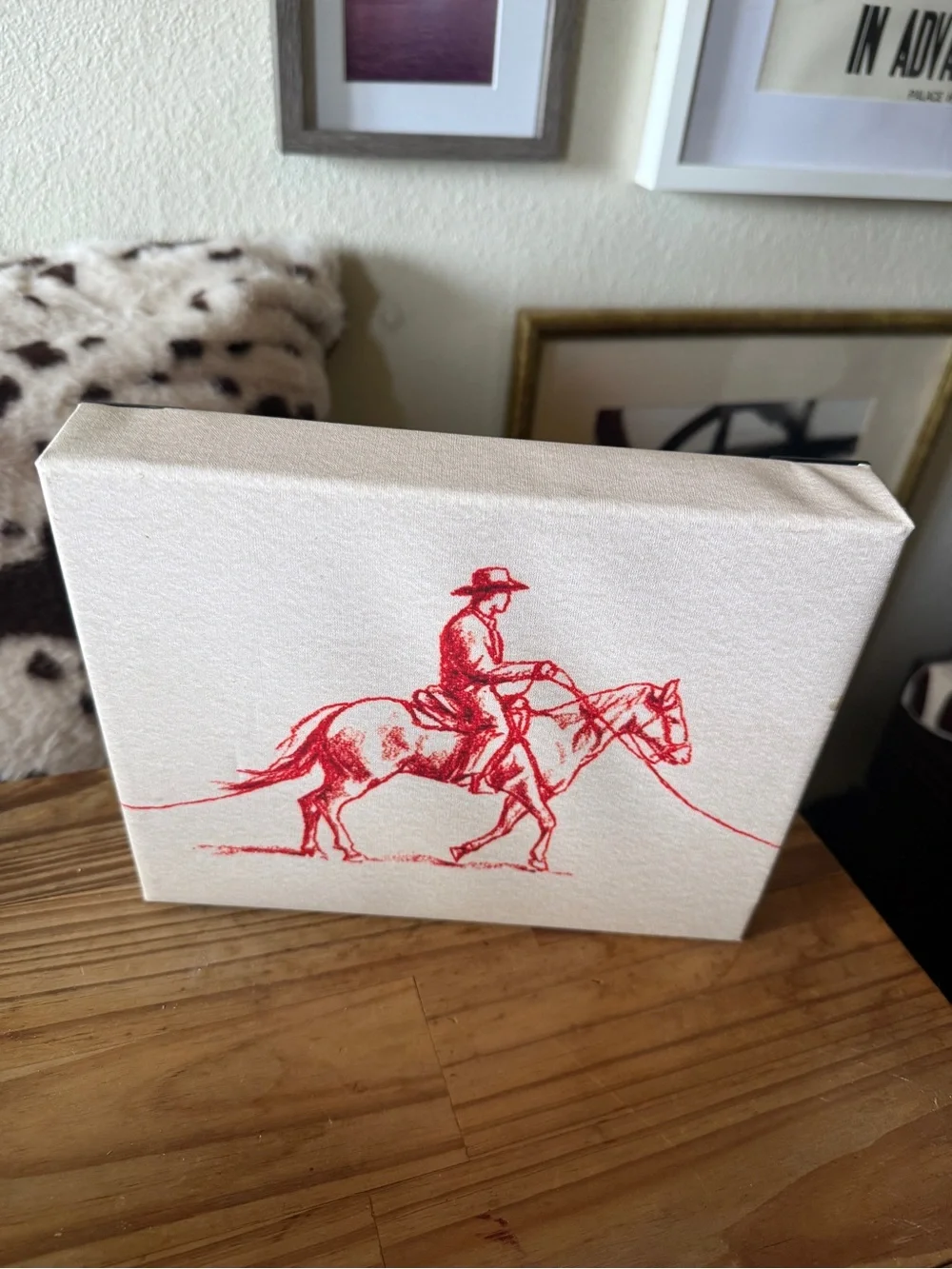 New Red illustrated Cowboy on Horse Wall Art Canvas 8x10” western decor